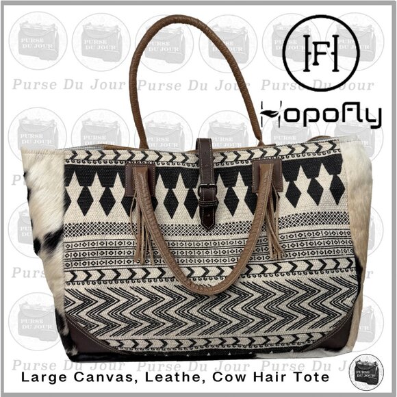 HopoFly Large Tote Weekender Bag Canvas Southwest Pattern Leather & Cowhide - Picture 1 of 15